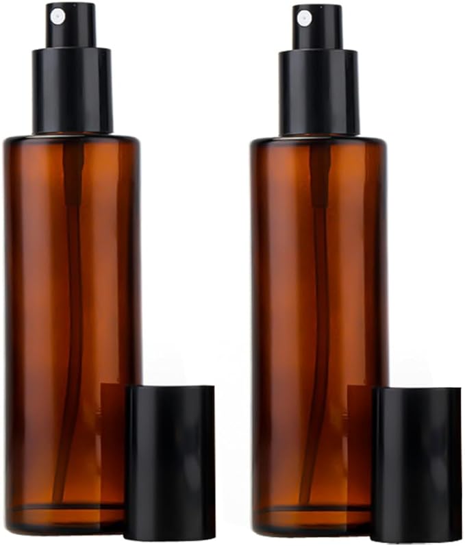 UPSTORE 2 Pcs 100ml 3.4oz Amber Glass Spray Bottles Refillable Fine Mist Spray Bottles Cosmetic Bottles Container Vials for Essential Oils Aromatherapy Perfumes Makeup