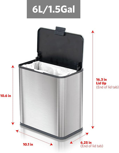 Glad Roomate Under Counter Trash Can - Space Saving Stainless Steel Waste Bin with Dual Lid and Clorox Protection - Small Trash Can for Kitchen Cabinet, Under Sink, or Bathroom, 1.5 Gallon (6L)