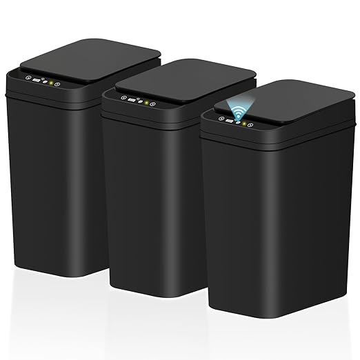 jinligogo 3Pack Bathroom Small Trash Can with Lid, 2.6 Gallon Touchless Automatic Garbage Can Slim Waterproof Motion Sensor Smart Trash Bin for Bedroom, Office, Living Room-Black