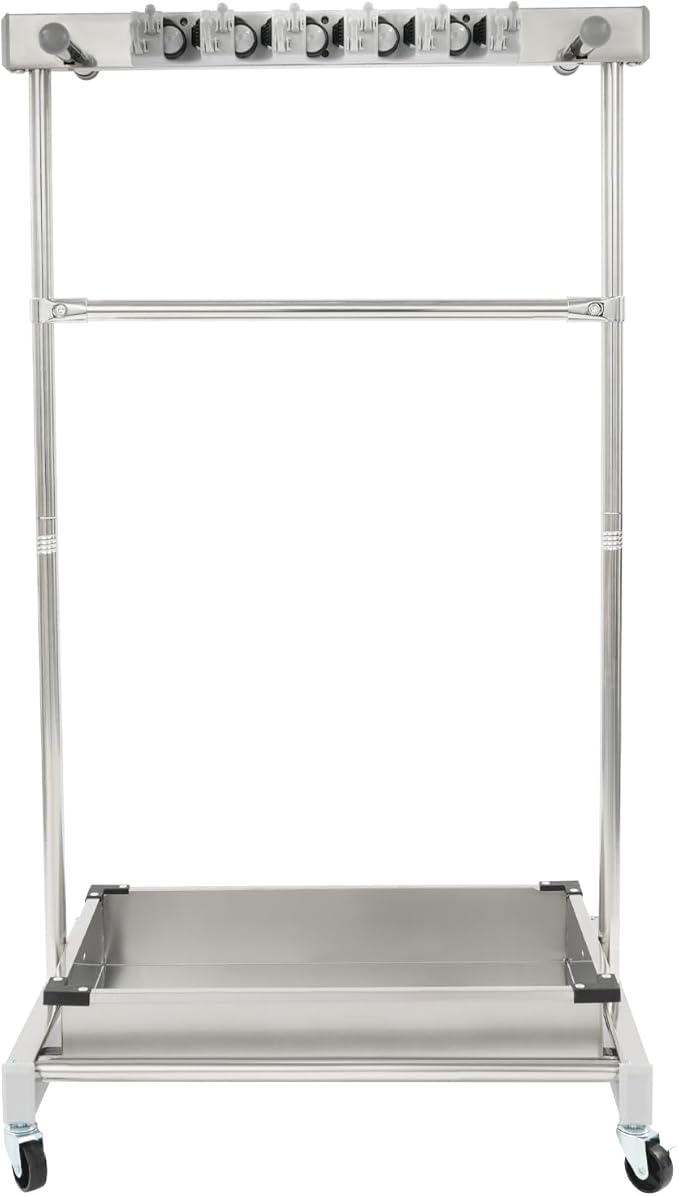 Broom Mop Holder Cleaning Supplies Organizer, Mobile Mop Rack with Water Basin & 12 Hooks, Freestanding Cleaning Tool Cart Storage Rack for Home Garden Garage Schools Hotels (Stainless Steel Basin)