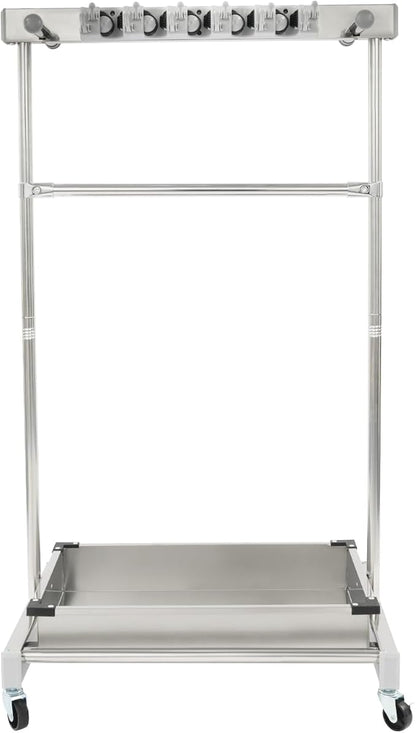 Broom Mop Holder Cleaning Supplies Organizer, Mobile Mop Rack with Water Basin & 12 Hooks, Freestanding Cleaning Tool Cart Storage Rack for Home Garden Garage Schools Hotels (Stainless Steel Basin)