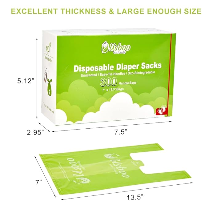 USBOO Baby Disposable Diaper Bags,300 Count Oxo-Biodegradable Diaper Sacks,Easy-Tie Handles,Diaper Disposal or Pet Waste Bags, Unscented