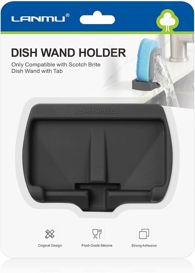 LANMU Self-Adhesive Dish Wand Holder Compatible with Scotch Brite Dishwand, Silicone Dish Brush Holder for Kitchen Sink Caddy, Soap Wand Organizer with Drain Spout (Black)