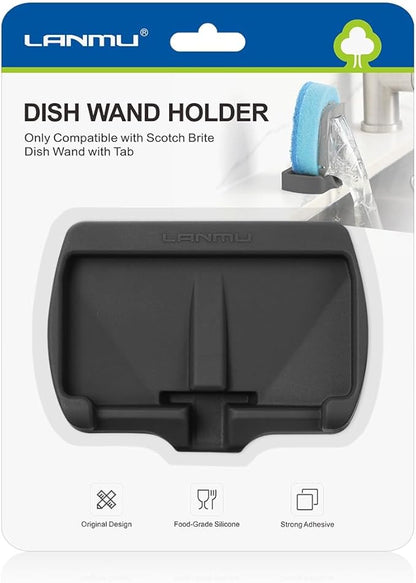 LANMU Self-Adhesive Dish Wand Holder Compatible with Scotch Brite Dishwand, Silicone Dish Brush Holder for Kitchen Sink Caddy, Soap Wand Organizer with Drain Spout (Black)