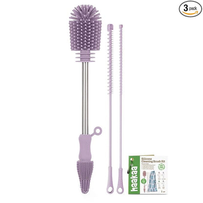 haakaa Silicone Cleaning Brush Kit - Baby Bottle Brush Cleaner for Breast Pump,Nipple,Breast Milk Storage Bag,Reusable Straw,Sippy Cup - Food Grade Silicone Bristles, Portable - 3 Pcs - Lavender