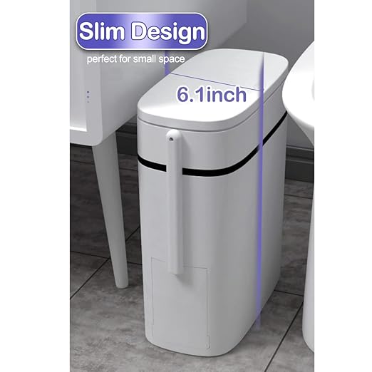 Bathroom Trash Can with Lid, 14 Liter/ 3.7 Gallon Bathroom Trash Can and Toilet Brush Set for Restroom, Bedroom, Living Room, Office, White Lid