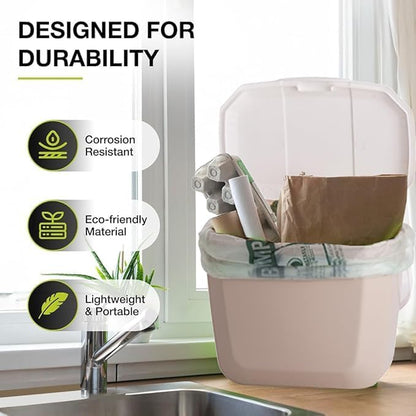 Nova Products Kitchen Compost Bin – 2 Gallon (8L) Countertop Food Waste Container | Ergonomic Handle | Beige Base with White Handle | Easy to Clean Design | Made from Durable HDPE