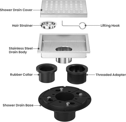 EXF 6 Inch Square Shower Drain Brushed Nickel, Stainless Steel Shower Floor Drain Kit with ABS Flange, Removable Grid Cover, Hair Strainer
