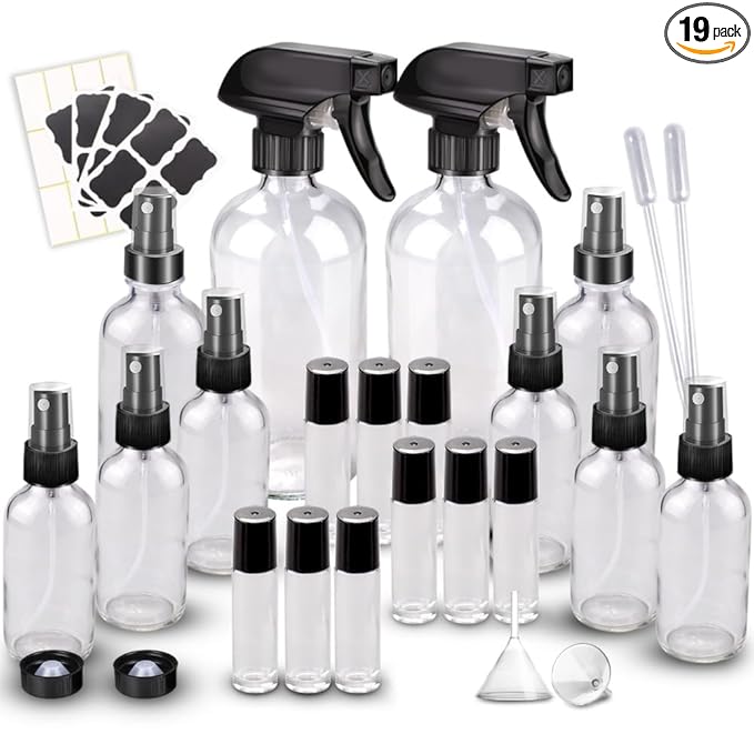 Loretoy Glass Spray Bottle Kit×10 (2×16 oz, 2×4 oz, 6×2 oz), 9×10 ml Roller Bottles, Anti UV, Multi Size and Versatile, Suitable for Aromatherapy, Facial Moisturizing, Watering, etc.(Clear)