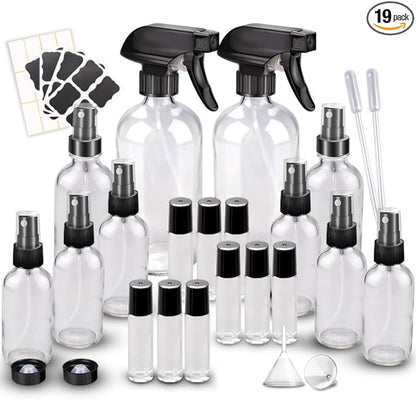 Loretoy Glass Spray Bottle Kit×10 (2×16 oz, 2×4 oz, 6×2 oz), 9×10 ml Roller Bottles, Anti UV, Multi Size and Versatile, Suitable for Aromatherapy, Facial Moisturizing, Watering, etc.(Clear)