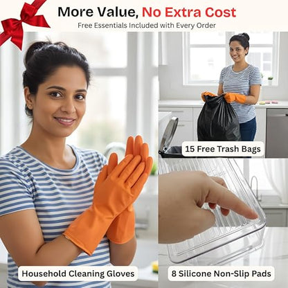 Trash Bag Dispenser with Front Opening, Stackable Garbage Bag Holder for Kitchen & Home, Fits 2.5 Gallon Bags, Includes Reusable Gloves, Adhesive Anti-Slip Pads & 15 Trash Bags–Extra Large Organizer