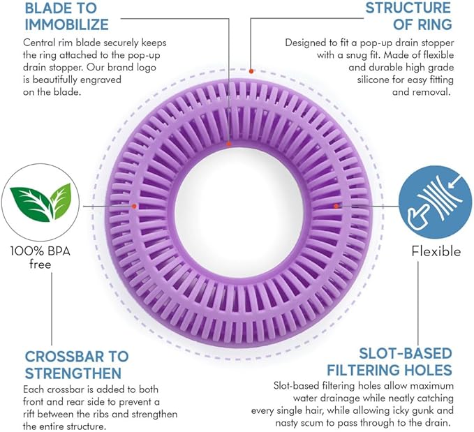 Hair Catcher for Shower Drain & Bathtub – TubRing Pop-Up Drain Protector & Strainer, Reusable Silicone Stopper for Bathroom Clog Prevention, Fits 1.85"–2.16" Drains | Violet