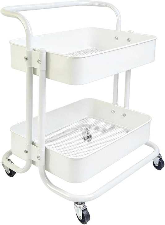 2 Tier Cart with Wheels Under Desk Storage with Handle, Metal Rolling Pantry Cart for Kitchen White Small Rolling Basket for Laundry Room Bathroom, Utility Shelf Organizer for Small Space