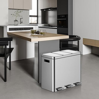 3 x 5.3 Gallon Kitchen Trash Can, 3 Compartment Garbage Can, Stainless Steel Rubbish Bin with Soft-Close Lid and Removable Inner Wastebasket for Kitchen, Home Office