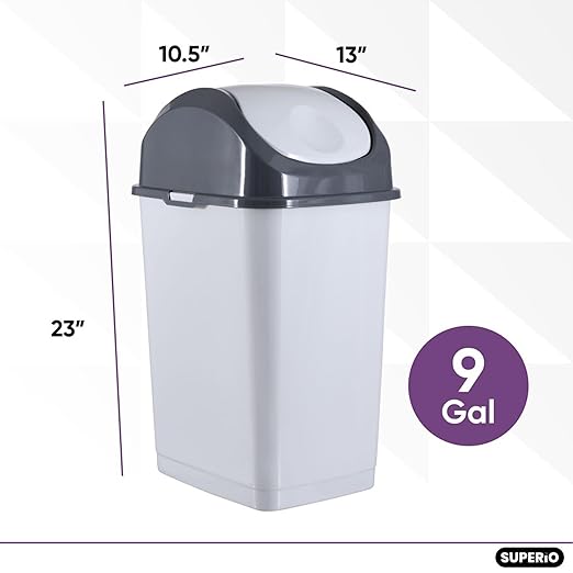 Superio Kitchen Trash Can with Swing Top Lid 9 Gallon Slim Waste Bin 37 Qt Sturdy Plastic Garbage Can Medium Recycling Bin for Office, Bathroom, Under Counter, Dorm, Bedroom (Smoke White/Grey, 2)