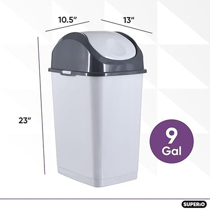 Superio Kitchen Trash Can with Swing Top Lid 9 Gallon Slim Waste Bin 37 Qt Sturdy Plastic Garbage Can Medium Recycling Bin for Office, Bathroom, Under Counter, Dorm, Bedroom (Smoke White/Grey, 2)