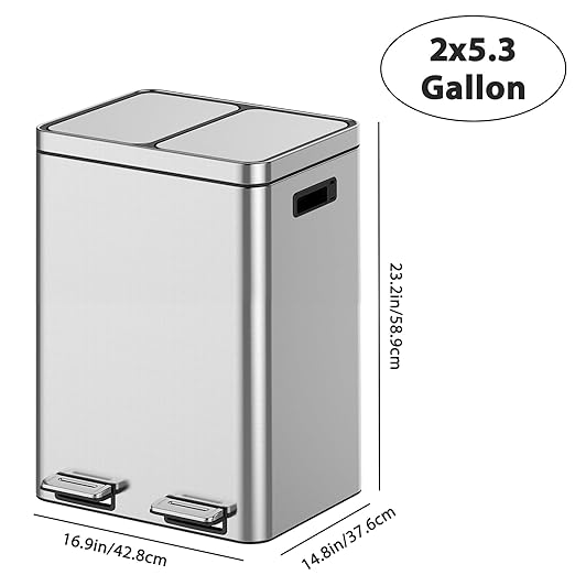 2 x 5.3 Gallon Kitchen Trash Can, Dual Compartment Garbage Can, Stainless Steel Rubbish Bin with Soft-Close Lid and Removable Inner Wastebasket for Kitchen, Home Office