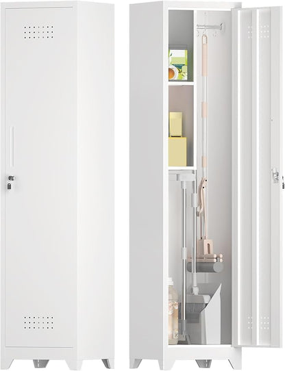 65" Metal Broom Storage Cabinet with Lock, Slim Freestanding Broom Closet Organizer with Adjustable Shelves and Hooks White Tall Utility Cabinet for Mop Broom Small Vacuum Garage Laundry Room