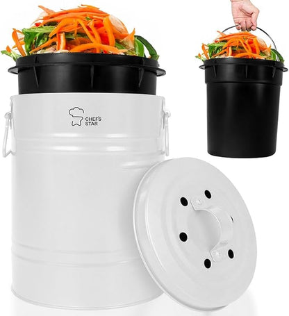 Chef's Star Countertop Compost Bin, Indoor Compost Bin, Small Composter, White, 0.8 Gallon, Metal
