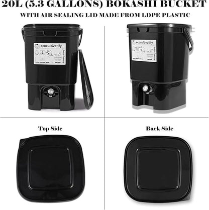 20L Bokashi Compost Bin, 5.28 Gallon Compost Bin for Kitchen Composter with Lid, Bokashi Start Kit with Bran (Tan & Dark Green) (20L/5.28GAL Black)