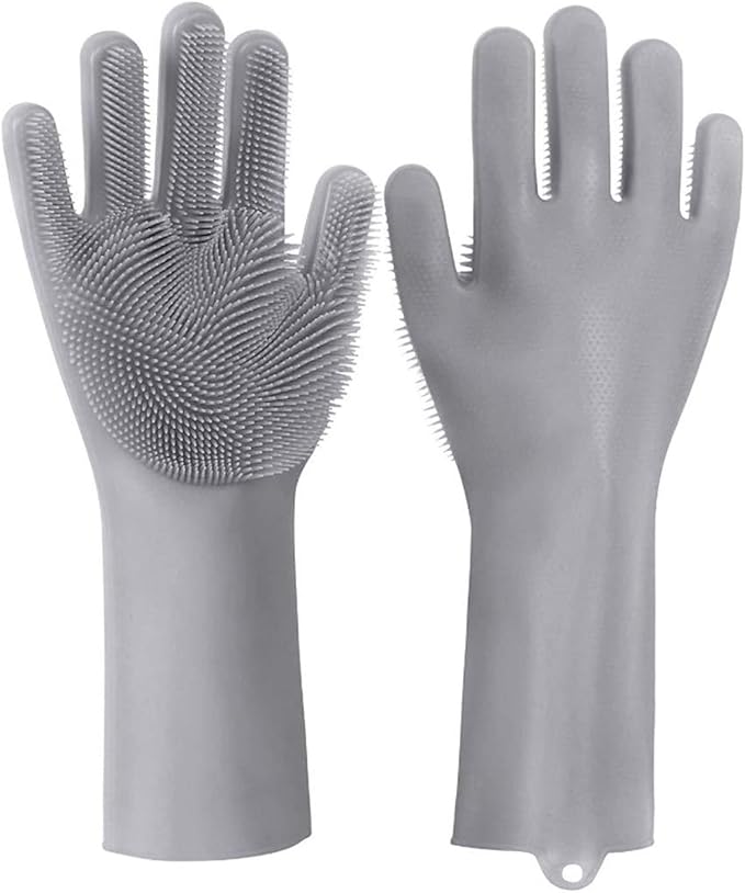 Silicone Scrubbing Gloves 12" Set of 3 Pairs for Kitchen, Bathroom, pet, Car Wash, Cleaning, Reusables
