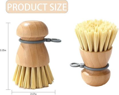 2 Pack Wooden Dish Brush, Compact Palm Dish Scrubber with Soft Rubber Hanging Ring, PBT Bristles Kitchen Scrub Tool for Dishes, Pots, Pans and Sink Cleaning