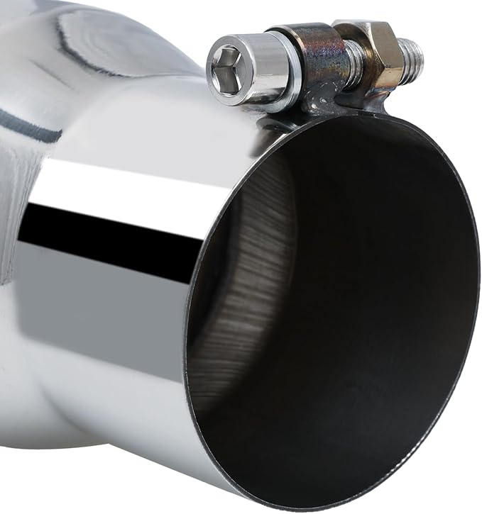 M-AUTO Single Chamber Muffler 12" Overall Length, 3.5" Inside Inlet and 5" Outlet Universal Stainless Steel Exhaust Muffler Assembly Roll and Angle Cut Tip, Chrome
