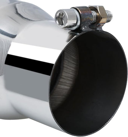 M-AUTO Single Chamber Muffler 12" Overall Length, 3.5" Inside Inlet and 5" Outlet Universal Stainless Steel Exhaust Muffler Assembly Roll and Angle Cut Tip, Chrome