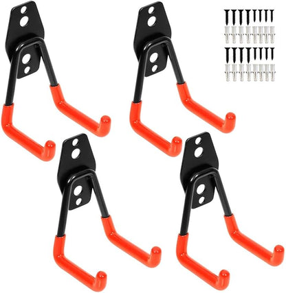 Garage Utility Double Hooks,Heavy Duty Steel Wall Mount Storage Organizer with Anti-Slip Coating,Load Capacity 66 LB (4 Pack Orange 3" U Hook)