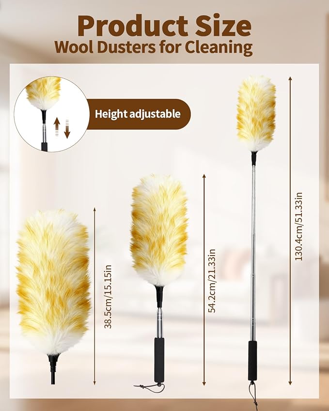 Extendable Wool Duster, 18-48 Inch Long Handle Duster with Natural Fluffy Wool Head, Dusters for Cleaning Ceiling Fans, Blinds, High Ceilings, Furniture, Washable & Reusable