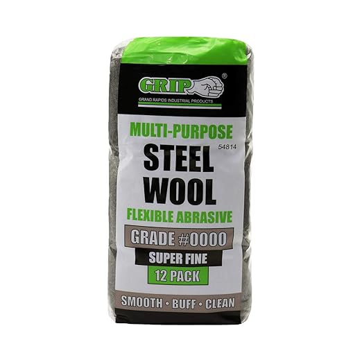 Grip Multi-Purpose Steel Wool Flexible Abrasive 12 Pack (Very Fine #0000) - Smooth Lacquer, Varnish, Shellac, Polyurethane - Buff Furniture or Woodworks to High Luster - Home, Garage, Workshop