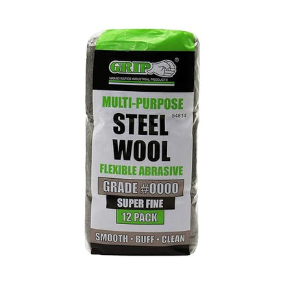 Grip Multi-Purpose Steel Wool Flexible Abrasive 12 Pack (Very Fine #0000) - Smooth Lacquer, Varnish, Shellac, Polyurethane - Buff Furniture or Woodworks to High Luster - Home, Garage, Workshop