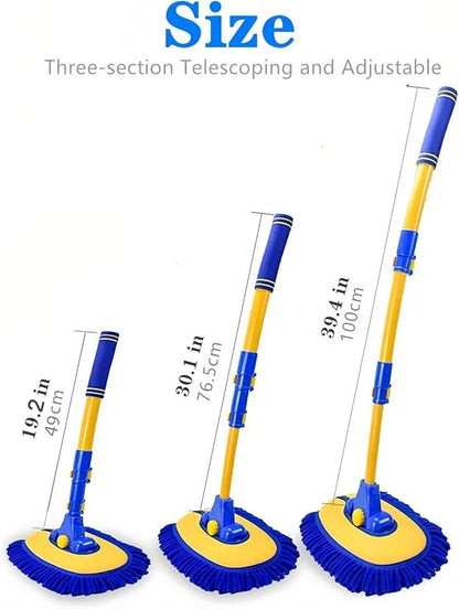 43'' Car Wash Brush with Long Handle Chenille Microfiber Car Wash Kit Mitt Retractable Bent Pole Car Wash Mop for Cars RV Truck Boat (Blue-1)
