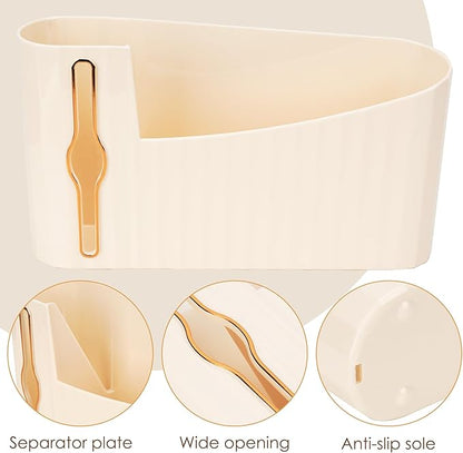 Wall Mount Trash Bag Dispenser, Plastic Grocery Holder for Kitchen Cabinet, Adhesive Garbage Organizer with Divider & Gold Slot, No Drill Storage Box (Beige)