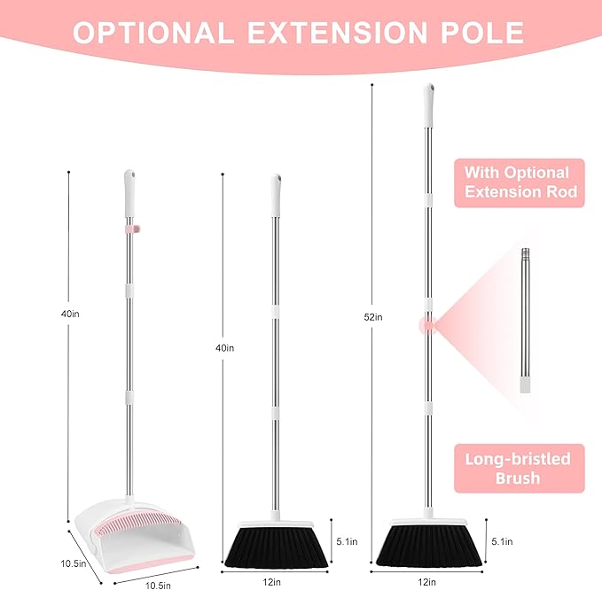 Broom with Dustpan Combo Set for Home, 52-in Long Adjustable Handle Angle Broom and Dustpan Set with Dustpan Comb Teeth for Sweeping Pet Hair Food Dirt Kitchen