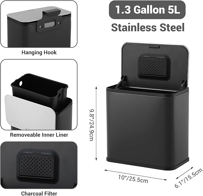 GarveeHome 1.3 gal/5L Countertop Compost Bin with Lid, Hanging Small Trash Can with Odor Control Charcoal Filter ＆ Bucket Under Sink for Kitchen, Hanging/Wall Mounted/Standing Food Waste Bin, Black