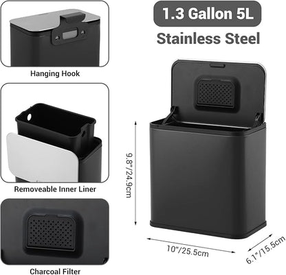 GarveeHome 1.3 gal/5L Countertop Compost Bin with Lid, Hanging Small Trash Can with Odor Control Charcoal Filter ＆ Bucket Under Sink for Kitchen, Hanging/Wall Mounted/Standing Food Waste Bin, Black