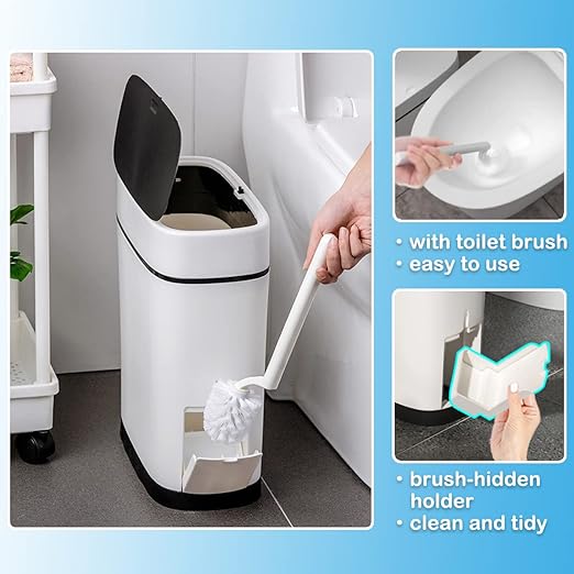 3.7 Gallons Bathroom Trash Can and Toilet Brush Set, 14 Liter Slim Trash Can with Toilet Brush Holder Set for RV, Black lid