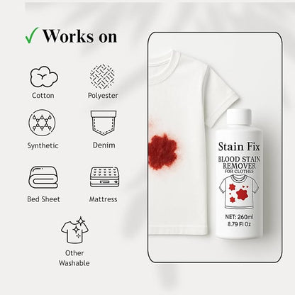 Blood Stain Remover for Clothes (8.79oz) - Removes Blood & Period Stains from Clothes, Mattress & Sheets - Enzyme Formula for Fresh & Dried Stains