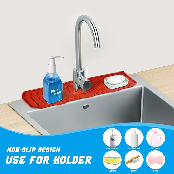 Silicone Faucet Handle Drip Catcher Tray, Faucet Mat for Kitchen Sink Splash Guard Behind Faucet for or Bathroom Farmhouse Bar Countertop RV(Red), 14.6x5.9x0.2