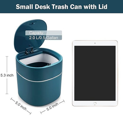 Mini Desk Trash Can with Lid with Trash Bags 180 pcs Press-Top 0.5 Gallon Tiny Countertop Waste Basket Small Table Top Plastic Covered Garbage Bin for Desk Top (Blue)