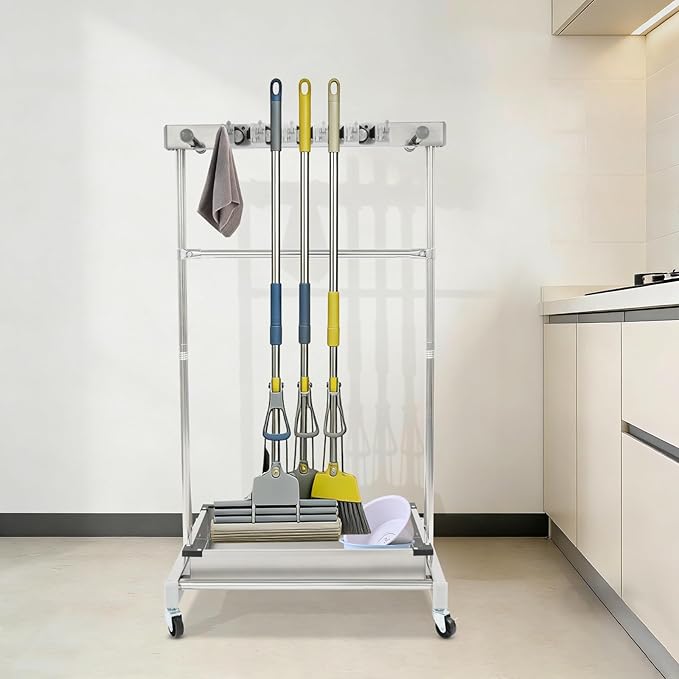 Broom Mop Holder Cleaning Supplies Organizer, Mobile Mop Rack with Water Basin & 12 Hooks, Freestanding Cleaning Tool Cart Storage Rack for Home Garden Garage Schools Hotels (Stainless Steel Basin)