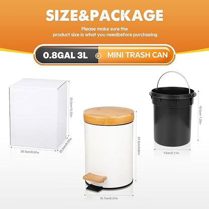 Small Bathroom Trash Can with Natural Bamboo Lid Soft Close，3 Liter / 0.8 GallonStainless Steel Garbage Can with Removable Inner Bucket andStep Pedal（White）