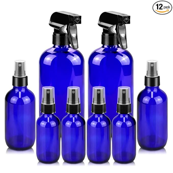 Worldgsb Glass Spray Bottles, 16oz*2+4oz*2+2oz*4 Refillable Containers, Empty Boston Round Bottles with Adjustable Nozzle for Cleaning, Gardening, Aromatherapy, Pets, Plant, Hair - Blue