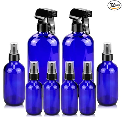 Worldgsb Glass Spray Bottles, 16oz*2+4oz*2+2oz*4 Refillable Containers, Empty Boston Round Bottles with Adjustable Nozzle for Cleaning, Gardening, Aromatherapy, Pets, Plant, Hair - Blue