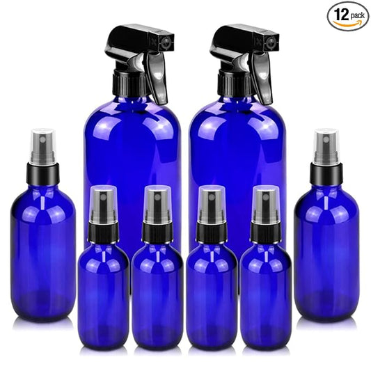 Worldgsb Glass Spray Bottles, 16oz*2+4oz*2+2oz*4 Refillable Containers, Empty Boston Round Bottles with Adjustable Nozzle for Cleaning, Gardening, Aromatherapy, Pets, Plant, Hair - Blue