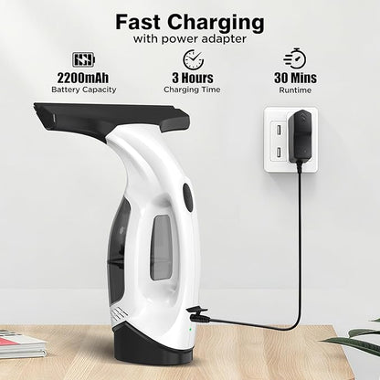 Window Vacuum Squeegee Cordless, 2000Pa Electric Window Cleaner Tool with 2200mAh & 150ml Water Collection Tank, Cleaning Kit Shower Squeegee for Glass Doors, Tiles, Mirrors, Car (White)