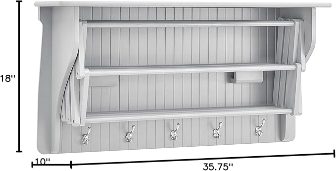 Danya B Accordion Clothes Drying Rack, Retractable, Wall Mounted Towel Rack and Hooks for Clothes and Towels for use in Laundry Room or Garage - White