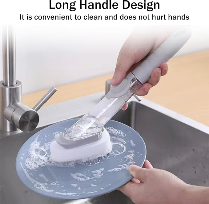 Soap Dispensing Dish Brush with Holder, Kitchen Pot Pan Scrub Brush Set with Replaceable Brush Head, Sink Cleaning Brush with Storage Tray (3-Piece Set Sponge Head)
