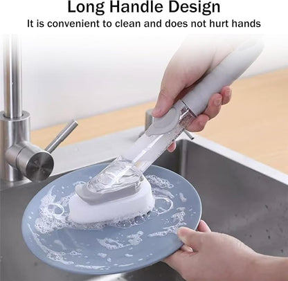 Soap Dispensing Dish Brush with Holder, Kitchen Pot Pan Scrub Brush Set with Replaceable Brush Head, Sink Cleaning Brush with Storage Tray (3-Piece Set Sponge Head)
